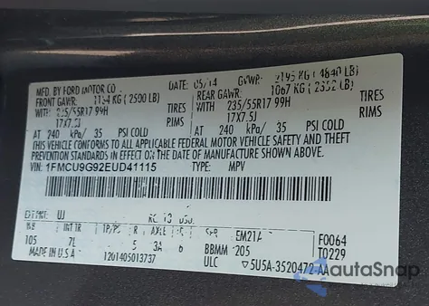 2014 Ford Escape Se z USA, uszkodzony, nr VIN 1FMCU9G92EUD41115